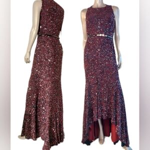 ♧$1,395 NEW W. TAG THEIA BURGUNDY BLUE SEQUIN RUNWAY DRESS GOWN US 12